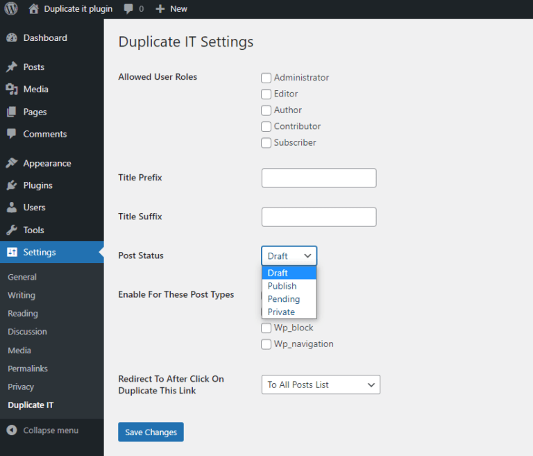 Post Status Settings for Duplicate IT